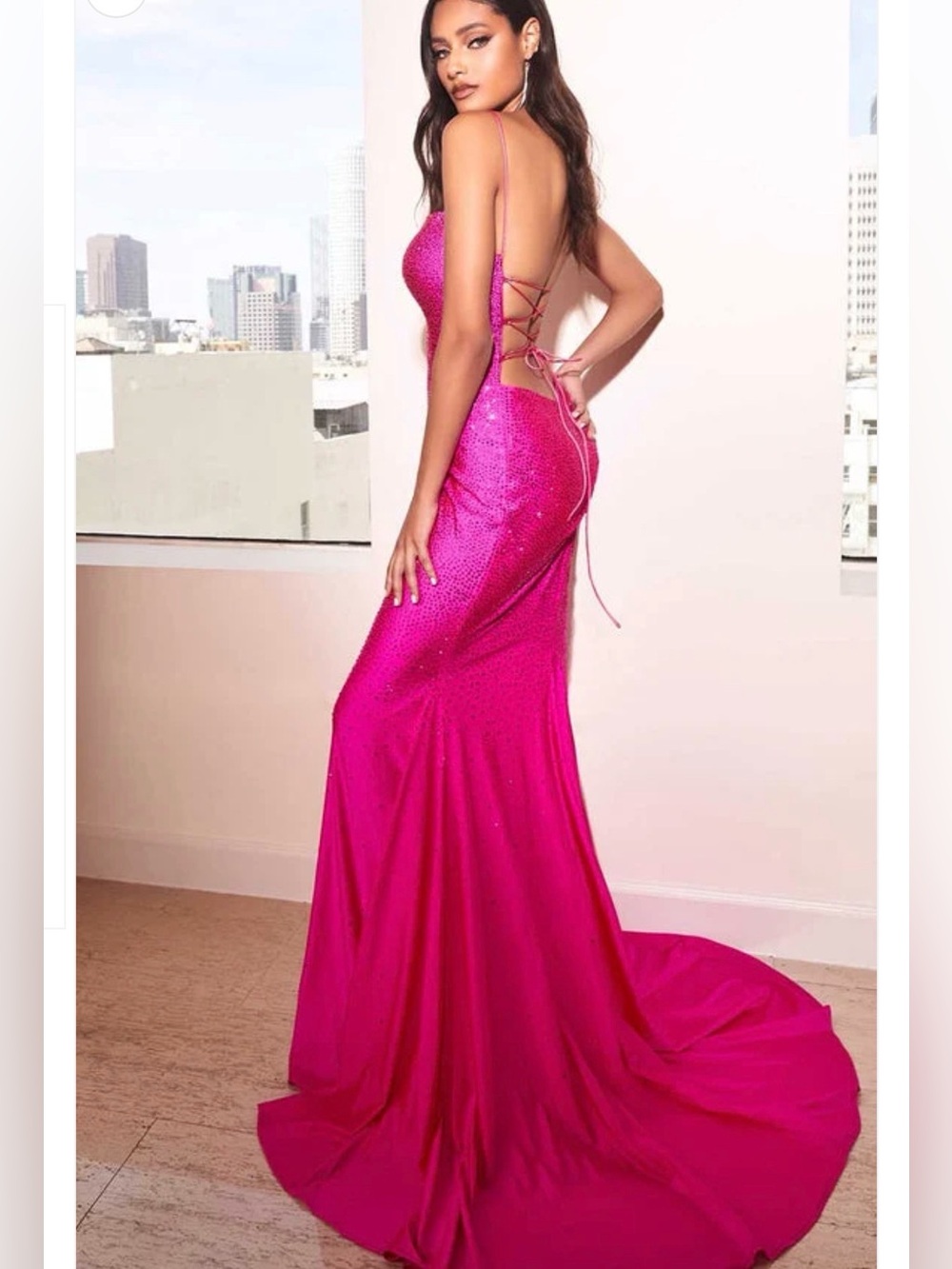 Cinderella 2 Fitted neon pink rhinestone lace back evening cocktail prom dress